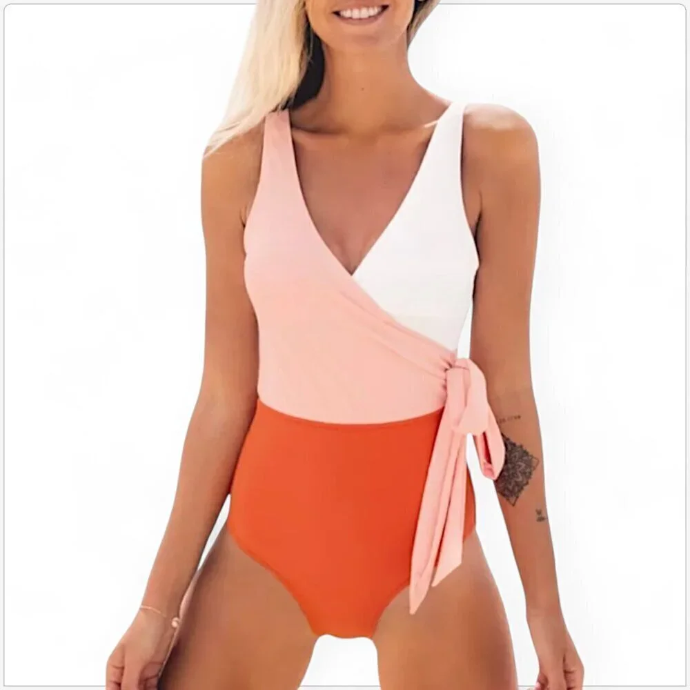 Cupshe Orange White Color Block One Piece Swimsuit Tie Belt Bow V-Neck NWT NEW L